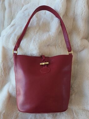 Longchamp Red Leather Shoulder Bag - Timeless Bucket Handbag